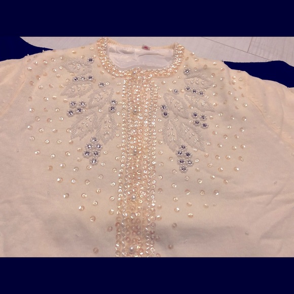 Vintage Cream/Beige Sequins Cardigan Sweater - Picture 4 of 14